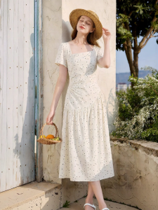 XIANGYING | Waist-accentuating Dotted Cotton Dress Short Sleeve Square Neckline