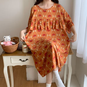 Nipple Coverage Cotton Silk Womens Thin plus Size Pajamas Nightdress Cotton Silk Plus Size Ladies Short Sleeve Skirt Artificial Cotton Home Wear Summer