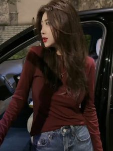 Red Long Sleeve T-Shirt Womens Slim Fit Base Shirt Casual Versatile Top Korean Style Commute Fashion Autumn 2024 New Arrival