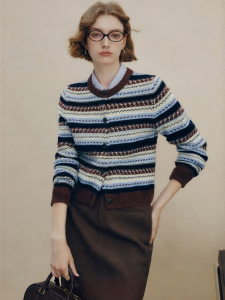 FAMANXUAN | Retro Fair Isle Stripe Embroidery Wool Knitted Cardigan