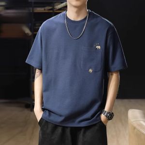 ROMON | Romon Mens Short Sleeve T-Shirt Summer New Loose Half Sleeve Ice Silk Wafer Grid Embroidery White Youth Fashion Polyester Cotton Blend Round Neck Modern Style