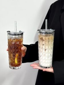 แก้วกาแฟแบบเปิดฝาปิดพร้อมสติ๊กเกอร์สำหรับใช้ในออฟฟิศและบ้าน เครื่องดื่มเย็นสไตล์อเมริกัน แก้วน้ำเงินครึ่งหน้าแก้วน้ำแก้ว