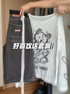 Retro American Wash High เอว ขาตรง เจ็ดนิ้ว เดนิม กางเกงขาสั้น ผู้หญิง ฤดูร้อน ลำลอง หลวม รุ่นแคบ ขากว้าง กลาง กางเกง