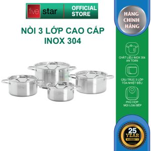 Bộ nồi inox 304 dập nguyên khối Fivestar Plus FPB4004 nắp inox size 16cm 18cm 20cm 24cm tặng 1 vá canh