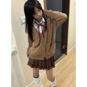 JK Uniform Autumn and Winter Skirt Genuine Set Original Hawthorn Tree Plaid Skirt Brown Knitting Sweater Cardigan Coat Womens Full Set