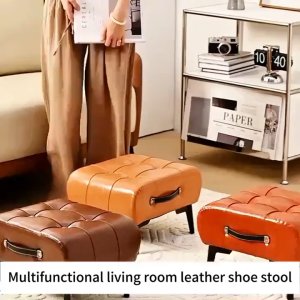 Classic Black Leather-Textured Low Stool with Wooden Legs - Portable Handheld Armless Design High-Density Fiberboard & Hardwood Frame for Entryway Bedroom Living Room - Compact Storage No Assembly Required