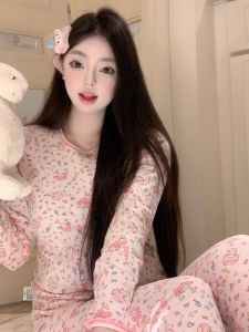 Laolaojiang Pure Cotton Sleepwear Warm Home Clothes Womens Autumn Winter Style Long Sleeve Long Pants round Neck Cartoon