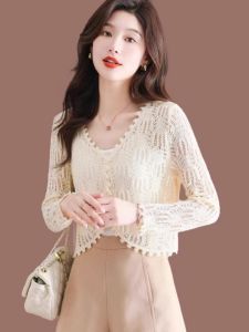 ผู้หญิง Hollow Out ถักสั้น คาร์ดิเกน ฤดูร้อน เสื้อท่อนบน เสื้อแจ๊กเก็ตสําหรับกระโปรงแขนยาว พรางหุ่น อินเทรนด์ INS แฟชั่น คอวี