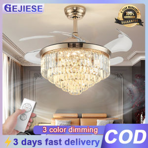 GEJIESE crystal ceiling fan with light 42inch crystal ceiling fan with led lights and remote tricolor dimming 6 gear wind crystal chandelier with fan for living room dinning room