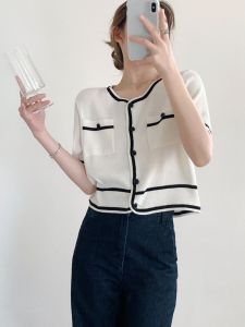 Trắng Tay Ngắn Áo Len Dệt Kim Nữ Phong Cách Khối Màu Ánh Sáng Mùa Hè Nhẹ Nhàng Độc Đáo Thiết Kế Áo Rộng Rãi Fit Ice Lụa Vải
