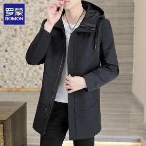 ROMON | Hooded Windproof Mens Mid-long Jacket Black