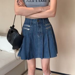 GHAOHES สไตล์วินเทจ กระโปรงยีนส์อัดพลีท กระโปรงทรงเอ กระโปรงเอวสูง กระโปรงยีนส์ กระโปรงเกาหลี(V64)