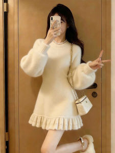 DUOFEIYAN | Round Neck Ruffle Knit White Dress Autumn and Winter