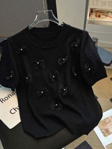 Brand Discount Womens Clothing Store Brand Counter Withdraw Export Beaded Bowknot Puff Sleeves Knitwear Womens Short-Sleeved T-shirt Summer