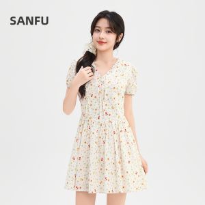 SANFU | Summer New Style Bow V-Neck Puff Sleeve Waist-Tying Short Dress