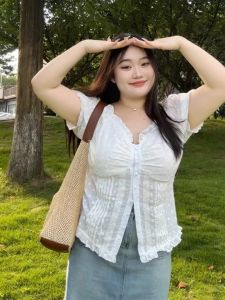 plus Size French Style Lace Splice Shirt Womens Summer Slim Fit Base Layer Top Commute Korean Style Bubble Sleeve Short Sleeve V Neck