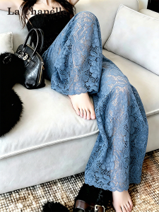 La Chapelle | Ice Blue Lace Hollow Out Casual Wide Leg Jeans