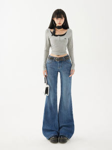 MGHG Deep Blue Bamboo Node Pattern Spicy Low Waist Flared Denim Pants Womens Autumn New Elastic Slim Fit Vintage Floor-Length Pants