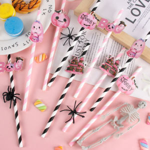 6/12pcs Halloween Party Paper Straws Pink Black stripe Pumpkin Ghost pattern Drinking Straw Halloween Party Home Bar Decorations