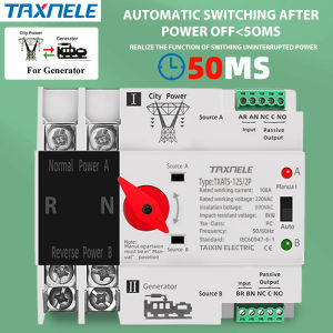 TAXNELE Din Rail 2P ATS Dual Power Automatic Transfer Switch 63A 100A 125A Selector Switches Generator