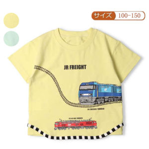 New Summer Childrens T-shirt Short Sleeve Pure Cotton Train Track Cartoon Print Base Shirt Japanese Style round Neck Sweat Absorbent