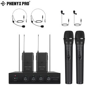 Phenyx Pro VHF Wireless Microphone System 4-Channel Wireless Microphone Set with 2 Handhelds/2 Bodypacks/2 Lapels/ 2 Headset Metal Receiver Ideal for Church Meeting Conference
