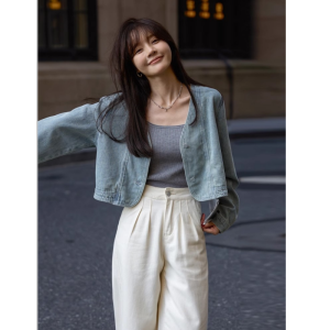 Salt Series Fashion Retro Short Denim Jacket Womens New Spring Design Loose Age-Defying Top Coat V-Neck Button Closure