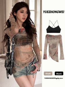 YUEZHONGWEI | Vintage Print Off-Shoulder Sun Protection Shirt Summer Lightweight Irregular Drawstring Long Sleeve T-Shirt