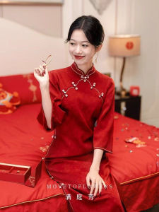 Red French Style Qipao Dress for Women Engagement Ceremony Wedding Dress Improved Version Daily Wear Polyester Fiber