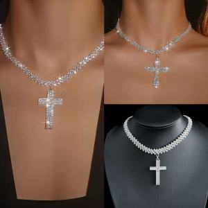 Hot selling Bohemian fashion womens necklace in Europe and America rhinestone cross pendant sparkling rhinestone beach neckla