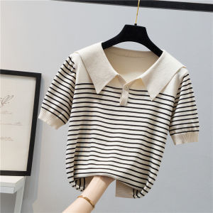 Yao Kexin Nữ Áo Thun Dệt Kim Ngắn Tay Băng Lụa Áo Thun Sọc Vừa Vặn Thường Xuyên Cổ Polo Quần Áo Làm Việc Loại Ống Thẳng