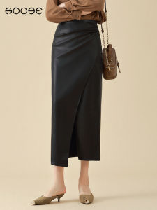 High Waist Slimming Black Pleated Asymmetrical Leather Skirt Mid-Length Womens Fashion City Commute PU Fabric A-Line Skirt