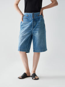 Button Placket Cotton Embroidered Vintage Blue Denim Shorts