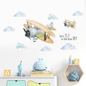 Decal giấy dán tường máy bay và bầu trời dễ thương có keo sẵn - Trang trí Phòng ngủ cho bé