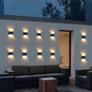 2PCs Solar Outdoor Wall Lights 6 LED Solar Wall Lamp with Up Down Lighting Waterproof Solar Fence Lights for Garden Pathway
