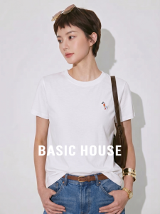 Basic House | White Cotton Short Sleeve T-shirt with Horse Embroidery