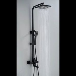 FIDEDI Shower Set Stainless Steel 4 in 1 Sus Shower Faucet Set Hot and Cold 304 Black Silver Stainless Steel Bathroom Shower Storage Rack Phone Shower Four Way Wall Mount Height Adjustable 360ᄚ Rotating Hot and Cold Water Saving Shower Set