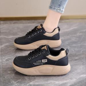 Casual Leather Sport Shoes Womens Thick Bottom Lightweight Slip-On round Toe Comfortable Fashionable All-Match Fall Season New Style