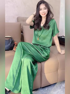 Elegant Casual Sportswear Set Womens Summer New Fashion Loose Floral Short Sleeve Wide Leg Pants Two Piece Set V Neck Overhead