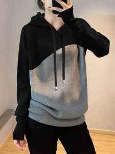 Ole Big Sale Hooded Fake Two Pieces Knitwear Sweatshirt Womens Autumn Fashion Casual Color Contrast Patchwork Sweater Outerwear Top