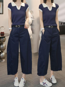 Shalldoer | Bộ đồ đi làm thời trang mùa hè cho nữ tay ngắn cổ polo quần ống đứng hai mảnh chống lão hóa màu tương phản