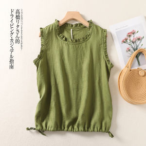 Pure Color Hemp Wooden Ear Edge Sleeveless Loose Fit Slimming Drawstring Vest for Women Summer New Arrival Base Shirt for Outerwear