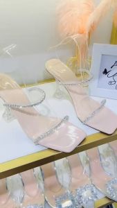 Guốc nữ HALEY STORE gót ly 9cm hai quai ngang đính đá xoàn pha lê sang trọng giày tiểu thư công chúa cô dâu tiệc cưới