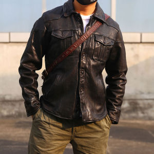 Export Japanese Single Full Vegetable Tanned Sheepskin Shirt Collar Slim Fit Casual Short Motorcycle Genuine Leather Clothes Mens Coat