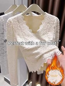 Lace Lace-Up V-Neck Fluffy Thermal Under Top Short Sheer Shirt