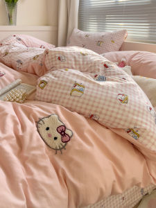 Ins Style KT Cat Bedding Set Non-Cotton Washed Cotton Four-Piece Dormitory Bed Sheet Three-Piece Set Warmth Retention Function