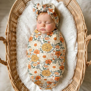 New Baby Printed Blanket and Headband 2-Piece Set Newborn Swaddle Wrap and Head Scarf Combo