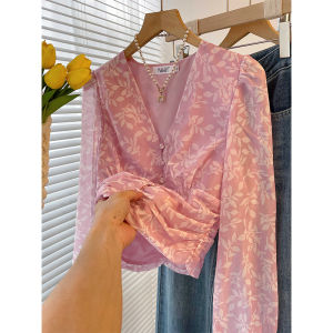 PAIBOLI | Pink Puff Sleeve Chiffon French Style Floral Blouse Summer