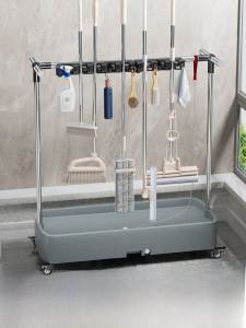 Stainless Steel Mobile Floor-Mounted Mop Holder Commercial Cleaning Tool Storage Drain Rack Household Bathroom Utility Shelf