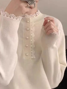 WANGGONGZHU | Casual Loose Lace Splice Sweater Womens Autumn Winter Inner Wear Half High Collar New Style 2023 Cashmere Base Shirt